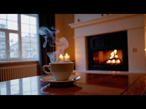 4K Study Background with Live Coffee and Fireplace Atmosphere for Relaxation