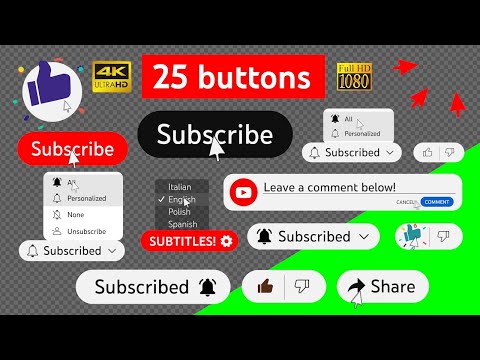Youtube Subscribe Set (25 buttons) green screen, transparent background 4K/HD