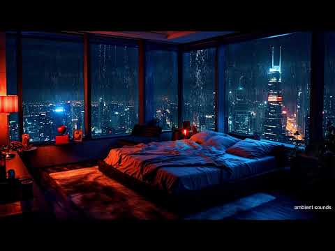 Heavy rain knocks on the windows of the Chicago skyscraper.. Bedroom with stunning views.  (10 Hrs)