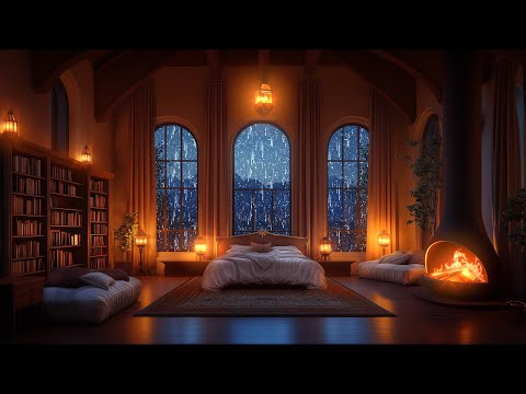 Deep sleep in a Cozy Modern Castle Room - Rain, Fireplace & Thunderstorm Room