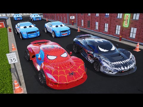SpiderMan Car vs Evil Venom Car vs Police Cars: Defends the City from Villians | Hero Cars Episode 2