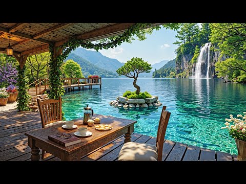 🎶 Chill Jazz Café with Lake View | Peaceful Waterfall & Jazz for Study and Mood