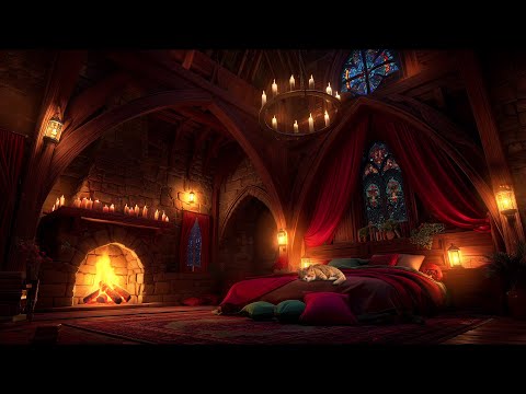 Sounds for Sleepling - Stormy Night with Rain and Fireplace in a Castle Room With Sleeping Cat