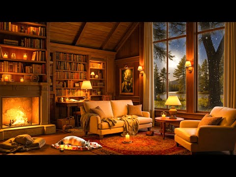 Smooth Jazz Music with Fireplace & Rain Sounds in Relaxing Winter Day🔥 Cozy Reading Nook Ambience