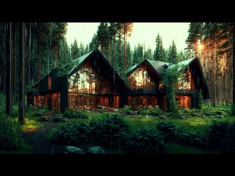 Heavy rain in front of the cozy forest hotel.  4K  (10 hours )