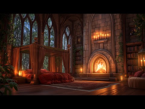 Nighttime Thunderstorm Haven: Cozy Castle Room Ambience with Fireplace and Rain Sounds - 12 Hours