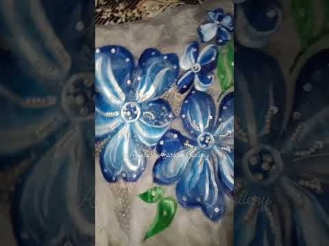 gray hand painted duppta  with blue flowers #fabric painting #art #shorts #fashion