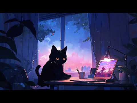 Lofi Focus Vibes 🐾 Cat at the Desk with Sunset & Chill Beats [Deep Focus To Study / Work]