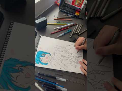 Outlining Hatsune Miku #hatsunemiku#drawing#art#hatsune( yes it’s Hatsune miku)