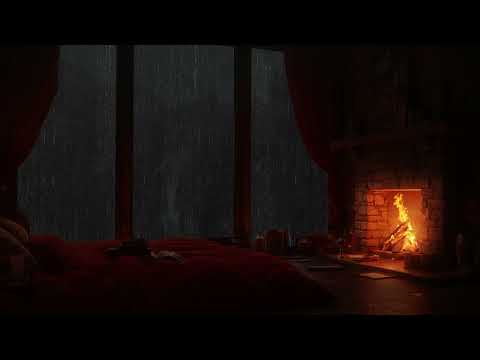 Peaceful Night in Forest with Rain & Fireplace Sounds🔥Heavy Rain Sounds for Sleeping & Relaxation