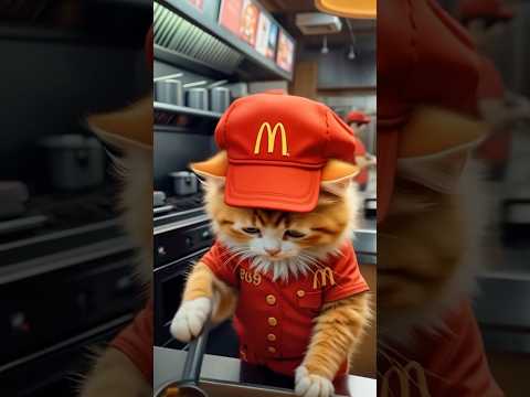 Poor little cat works part-time at McDonald's #cat #devilmeji