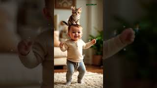 Cute Baby And Cute Small Cat Dance Short Video #catshort #aishorts #funnyvideosclips #short #viral