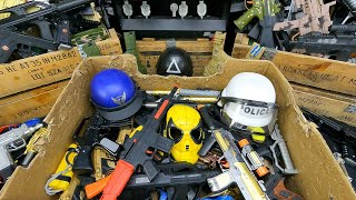 Box of Toy Guns, Police Helmets And Spiderman Mask, Realistic Toy Guns