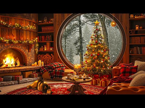 Cozy Winter Cabin Ambience ⛄ Christmas Jazz Piano, Fireplace Sounds, and Snowy Ambience