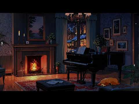 Smooth Piano Jazz Music for Relaxing in Cozy Living room | For Studying & Working | Fireplace & Snow