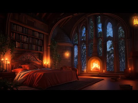 Sleep in 3 minutes - Cozy Medieval Castle Room with Rain, Fireplace and Thunderstorum Sounds