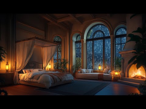 🔴 Deep Sleep with Mighty Thunderstorm, Fireplace and Rain Sounds | Cozy Castle Ambience | Live 24/7