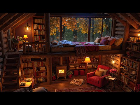 A Rainy Day in Cozy Room Ambience 🔥 Relaxing Piano Jazz Music with Crackling Fire & Rain Sounds