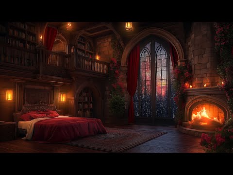 Sleep in 3 minutes - Cozy Old Castle Room with Rain, Fireplace and Thunderstorum Sounds