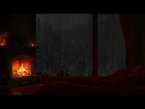 Fireplace Burning as Rain on Window from Bedroom🔥Thunder & Rain Sounds to Help You Sleep