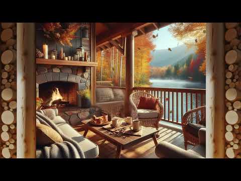 AUTUMN PORCH AMBIENCE🍁crackling fireplace🍁warm jazz🍁falling leaves