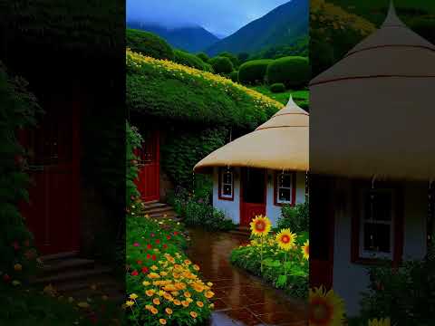 It's raining a lot at home with a pretty garden.