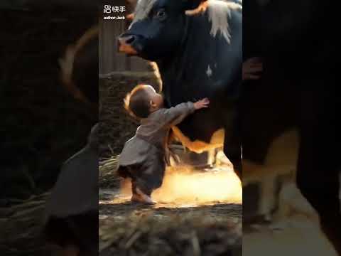Little boy and young Bull fight together