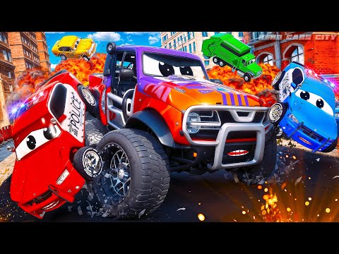 Epic Road Rage Battle! Police Cars in a High-Speed Chase Against a Rampaging Truck!