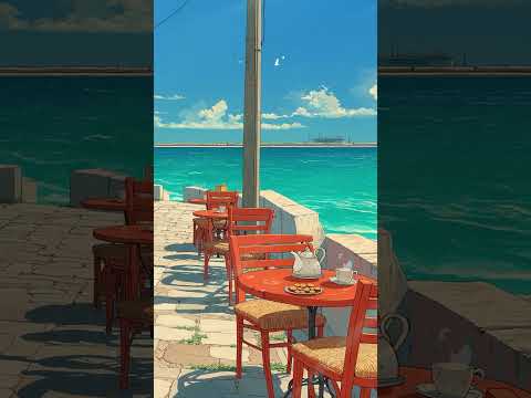 Charming café view facing the endless blue ocean horizon 🌊 #lofi #lofihiphop #lofiforgoodmood