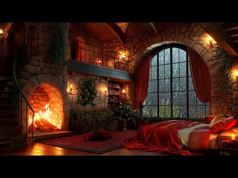 Rainy & Stormy Night & Crackling Fireplace | Cozy Castle Bedoom