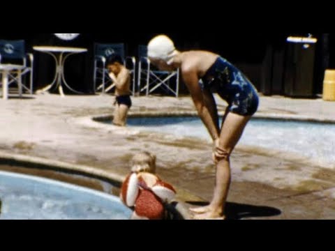 Vintage Home Movie Church Picnic in Malibu Canyon and children learning how to swim 1956