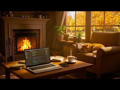 Cozy Autumn Coding with Purring Cat & Fireplace | Relaxing Piano Music for Focus & Relaxation