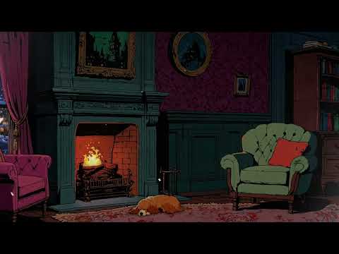 Relaxing Piano Jazz with Crackling Fireplace & Snow  | 1950s Cozy Living room | For Relax & Study