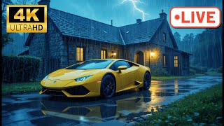 Yellow Lambo at Night Cottage | Heavy Rain Sounds LIVE 24/7
