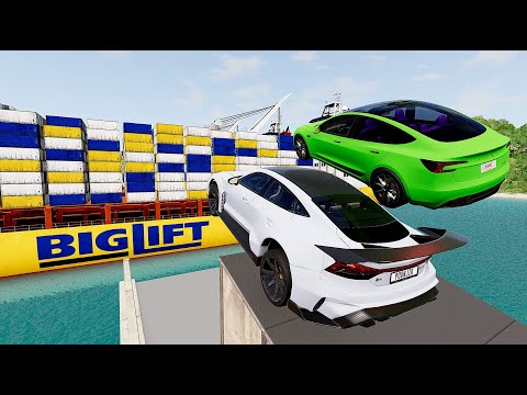 Super Cars VS 6 Cargo Container Ship Jump Parkour Challenge Test   BeamNG Drive #3