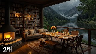 Cozy Reading Nook Ambience by Lakeside - Smooth Jazz Music with Rain & Fireplace Sound for Study