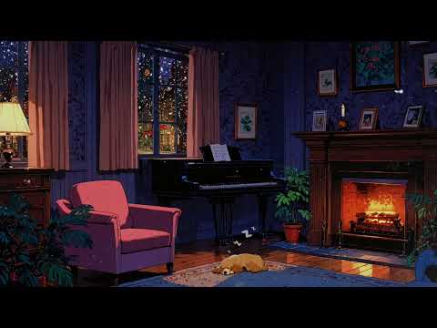 Relaxing Piano Jazz with Crackling Fireplace & Snow  | 1950s Cozy Living room | Stress Relief & Calm