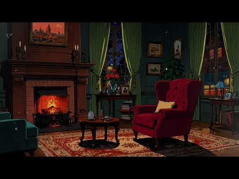Nostalgic fireplace with vintage oldies playing in another room to relax, study and sleep