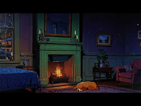 1950's Cozy Bedroom | Snowy Evening with oldies playing in another room (fireplace sounds)