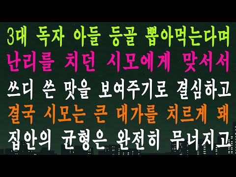 3대 독자 아들 등골 뽑아먹는다며 난리를 치던 시모에게 맞서서 쓰디 쓴 맛을 보여주기로 결심하고 결국 시모는 큰 대가를 치르게 돼 집안의 균형은 완전히 무너지고