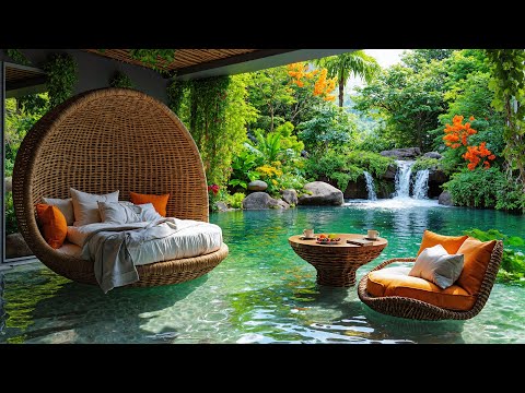 🍃 Cozy Forest Café Ambience | Calm Jazz, Nature Sounds & Peaceful Waterfall Escape for Relax & Study