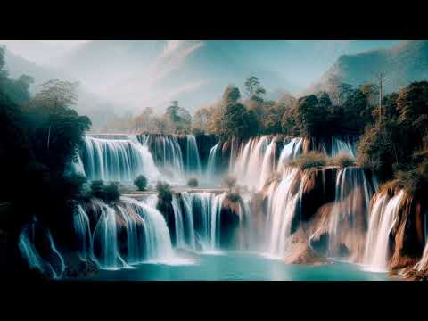 Music, pictures of mountains with beautiful waterfalls This waterfall is flowing into a quiet lake.