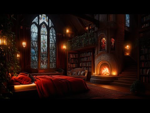 🔴24/7 Rain, Fireplace & Thunderstorm Sounds in a Cozy and Warm Castle Room