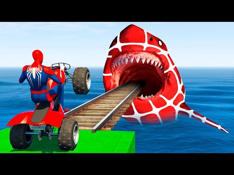 الأبطال الخارقين على القضبان دوامة قمع جسر 🏍️💥SPIDER MAN!on Motorcycle in Spiral Bridge Stunt Rid