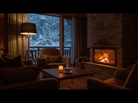 Cosy Fireplace with Slow Snow | Coffee Lounge & Piano Music