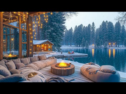 Snowy Jazz Porch ❄️ Snowfall & Fireplace Sounds Ultimate Cabin Vibes for Unwind and Relaxation