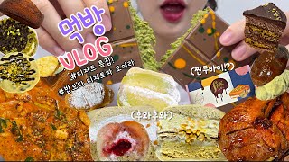 먹방브이로그) 디저트특집 하려했는데 단짠의 소중함을 알게되다🥹(두바이픽스초코/두바이초코먹방/후와후와/크림베이글/소금빵/자메이카/두찜/케이크먹방/빵먹방/디저트먹방/피스타치오)