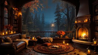 🌧️ Rainy Night on the Lakeside Balcony 🎵 Relaxing Jazz Music & Crackling Fireplace for Stress Relief