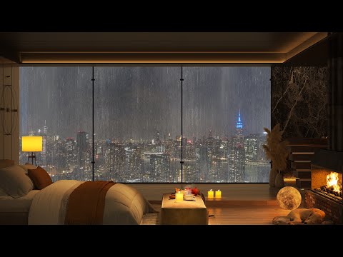 🌧️ Cozy New York Bedroom 🎶 Relaxing Jazz Ambience & Crackling Fireplace on a Rainy Night for Sleep 😴