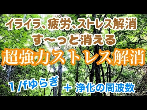 超強力【ストレス解消！イライラ、心身の疲労、ストレスがす～っと消える！】鳥の声、川の音、森の木々音、パワースポット有明の滝の動画に浄化の周波数の音をのせました♥１/ｆゆらぎ+浄化の周波数、作業ＢＧＭに